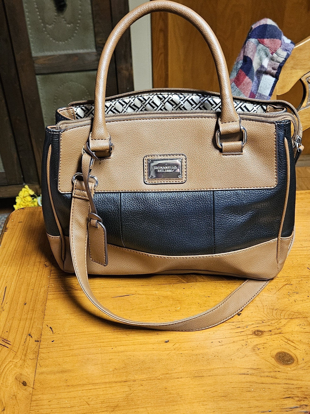 Tiganello Leather Tan and Black Structured Satchel Crossbody Handbag